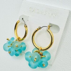 BRAND NEW Talbots Gold Hoop Drop Blue Sea Glass Earrings Turquoise NWT Boho Luxe